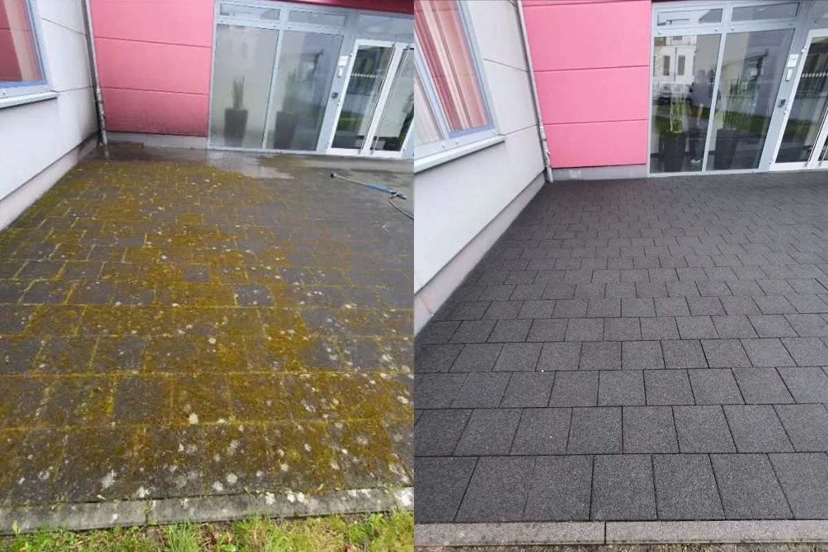 Pflasterfläche vor und nach der Reinigung